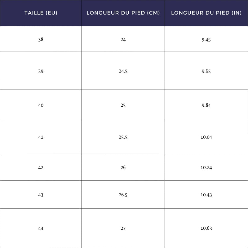 Guide des tailles - Mules Homme