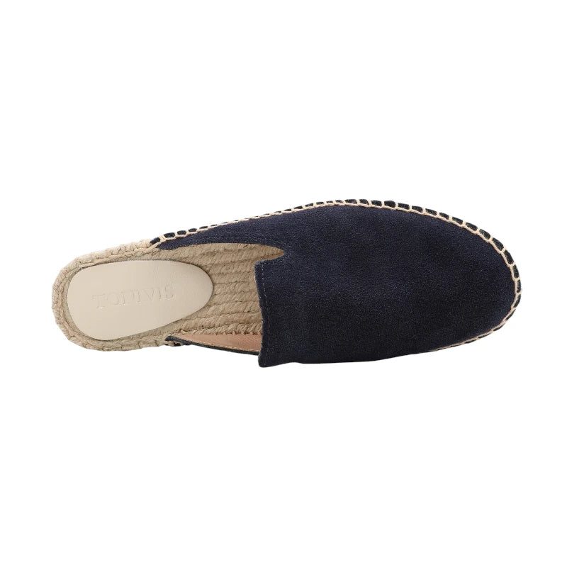 Mules espadrilles bleu avec semelle intérieure en chanvre, vue de dessus.