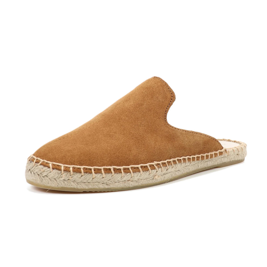 Mules espadrilles marron en daim photographiées en angle avant.