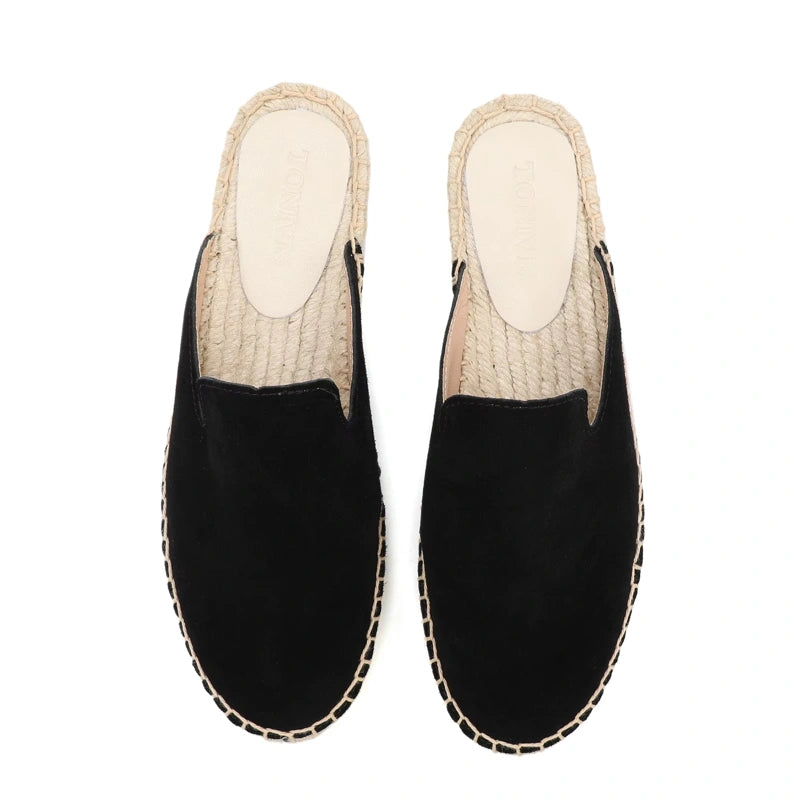 Mules espadrilles noires en daim, vue du dessus avec semelle chanvre.