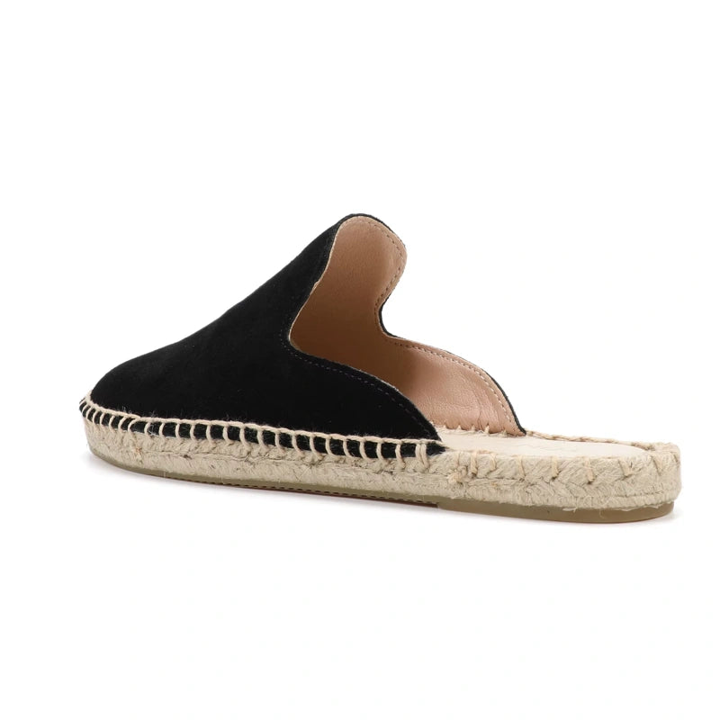 Mule Espadrille noire en daim avec couture corde apparente, vue arrière.