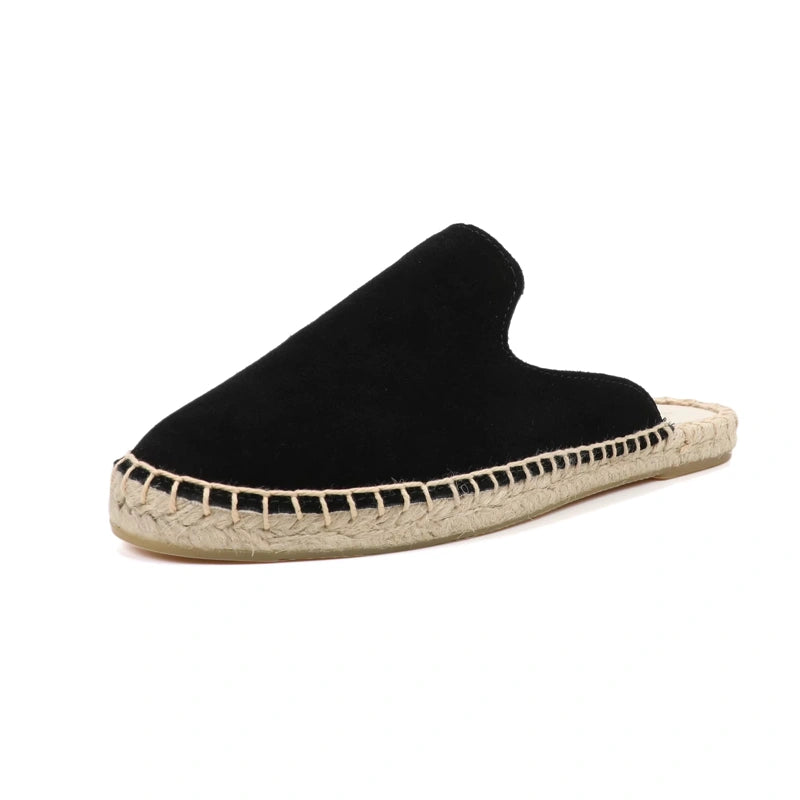 Mule espadrille noire en daim avec semelle corde beige, vue avant.