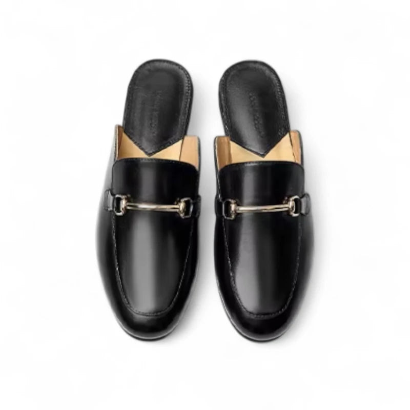 Vue du dessus des Mules Femme Chic en Cuir Noir, montrant la forme arrondie et la finition
