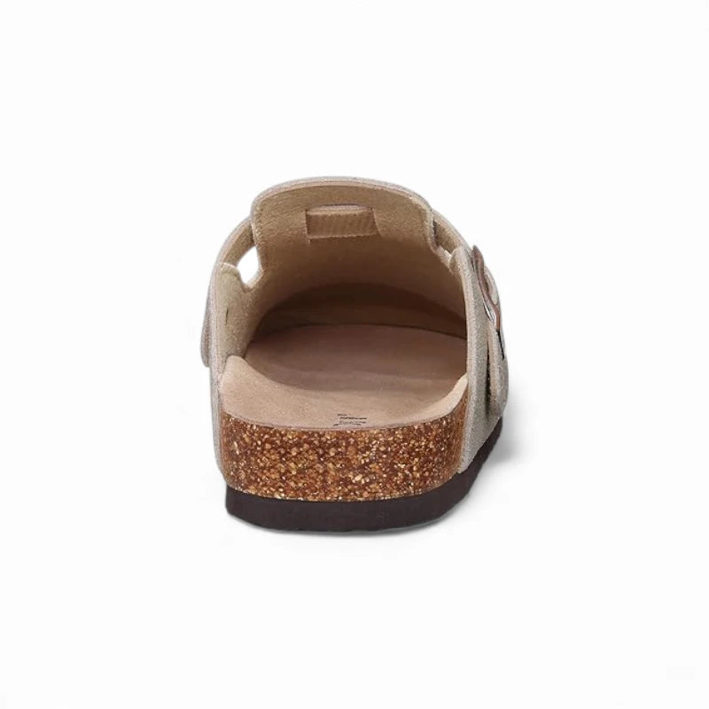 Mules de couleur grise pour femme en vue arrière valorisant la partie intérieure de la mule et notamment le liège, la forme et les reliefs de l'endroit où le client posera son pied.