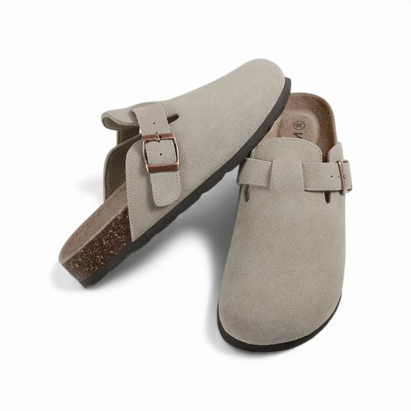 Sabots paire gris taupe daim suédé semelle confort liège naturel ajustable