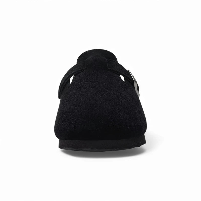 Mules d'hiver noires pour femme en vue de face sur fond blanc.