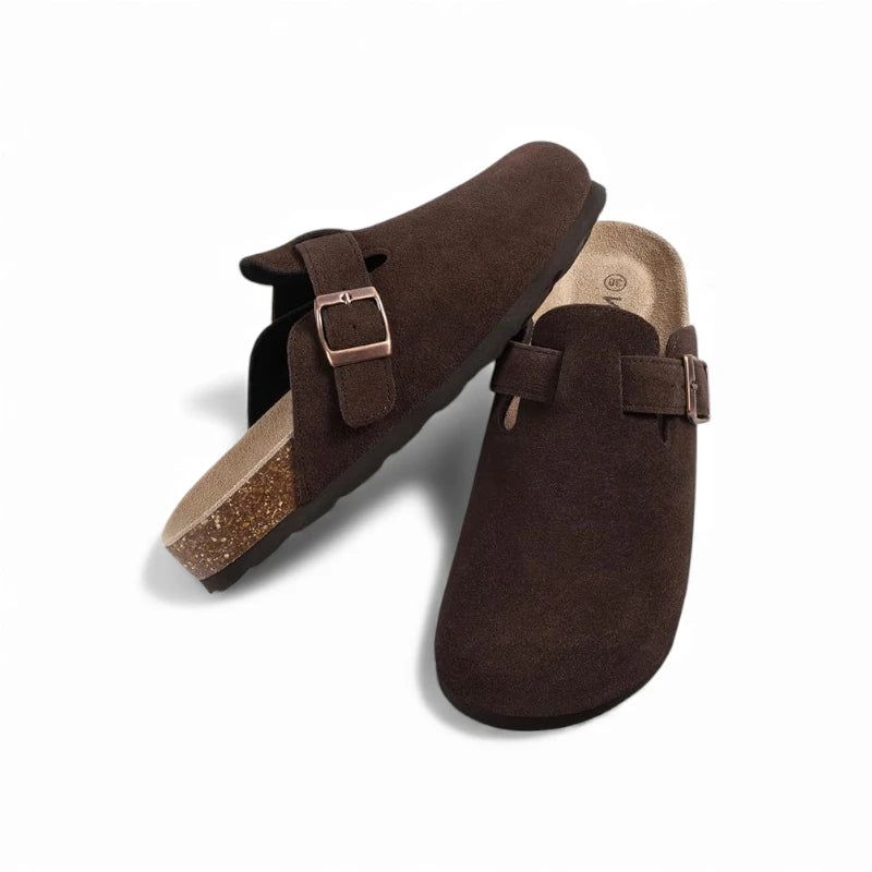 Paire mules marron café velours semelle liège visible boucle métal cuivré