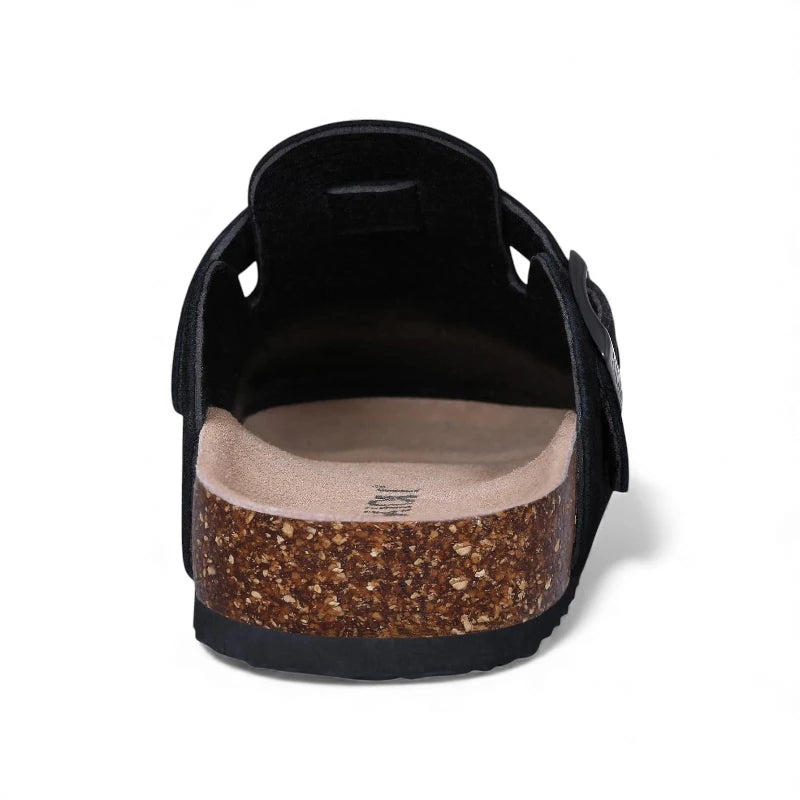 Sabot cuir noir arrière ouvert plantaire liège granulé doublure taupe