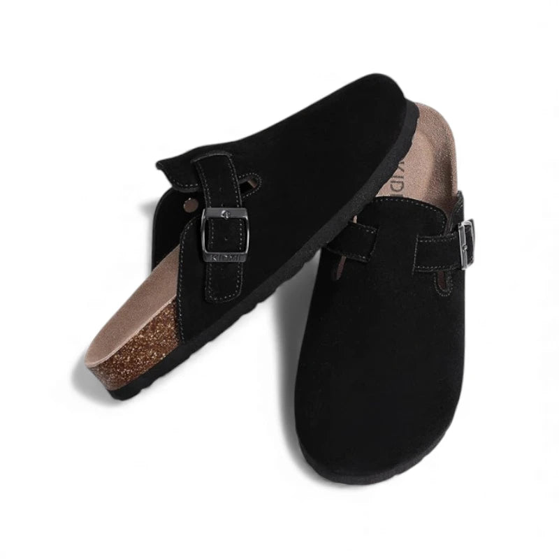 Paire de mules noires assise anatomique naturelle attache métallique ajustable.