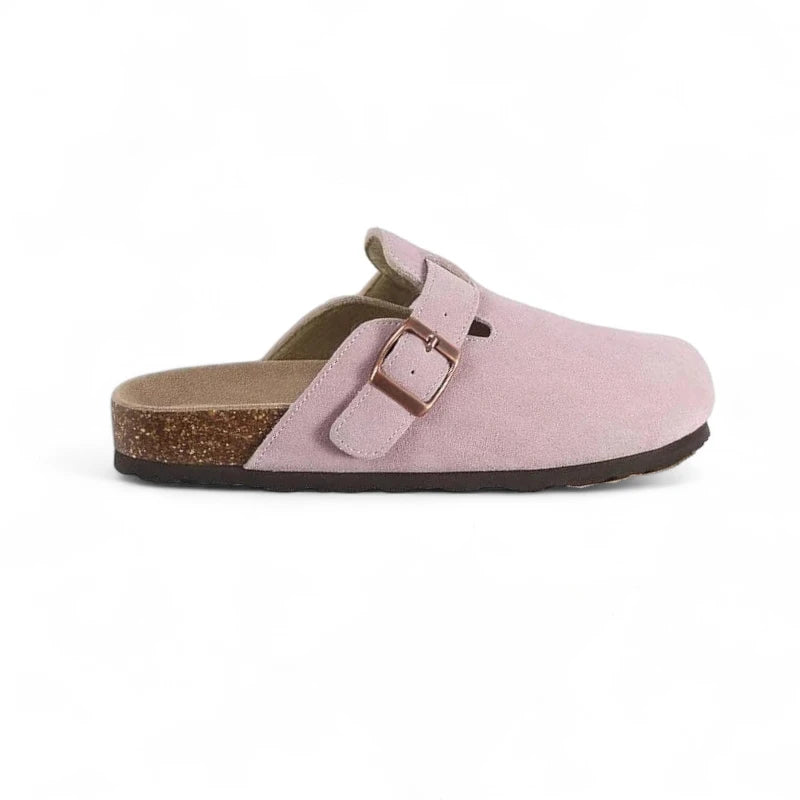 Sabots ouverts rose pâle cuir velours flanc droit attache métallique