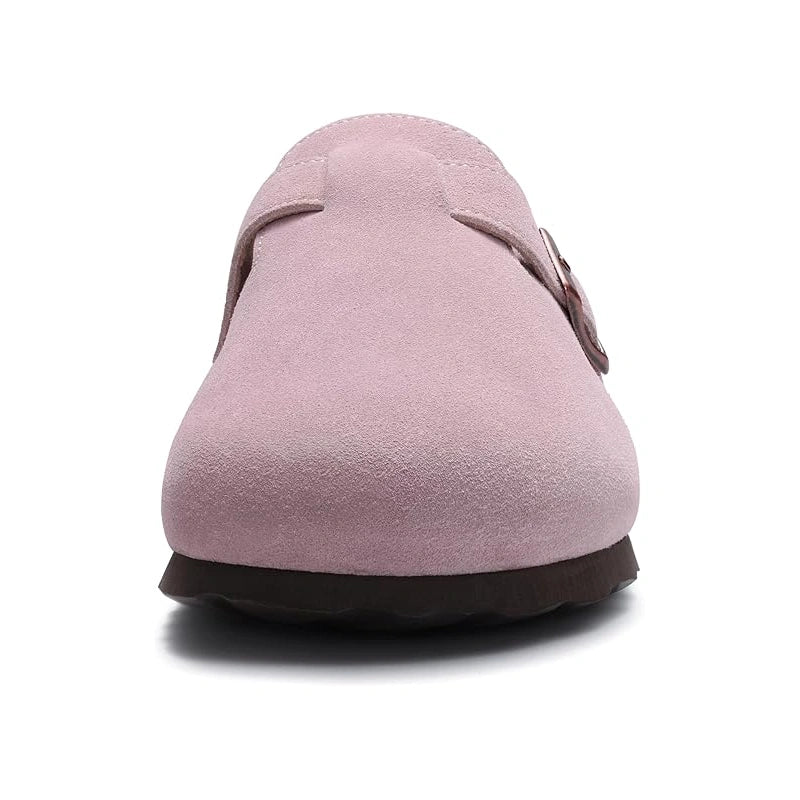 Mule cuir rose poudré perspective frontale bout rond fermé semelle noire