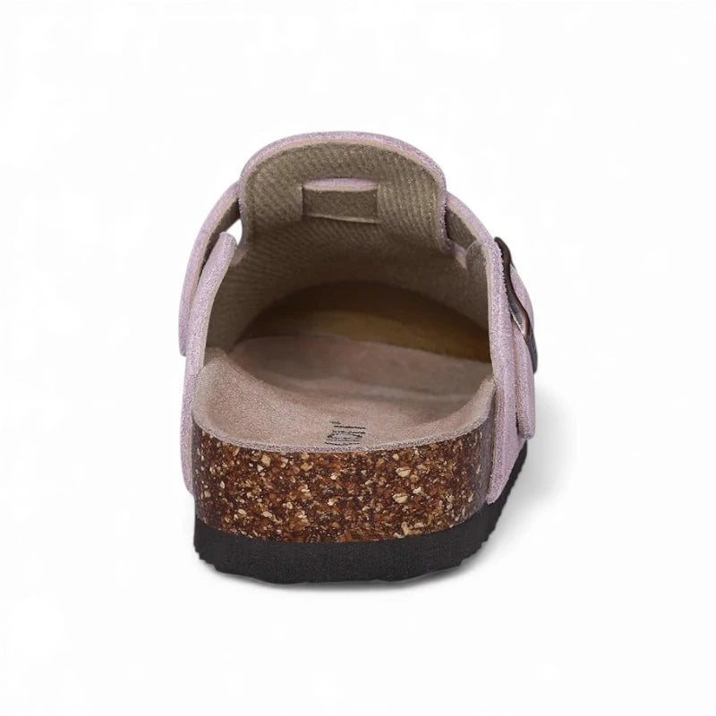 Sandale fermée rose talon découvert base liège moucheté doublure beige