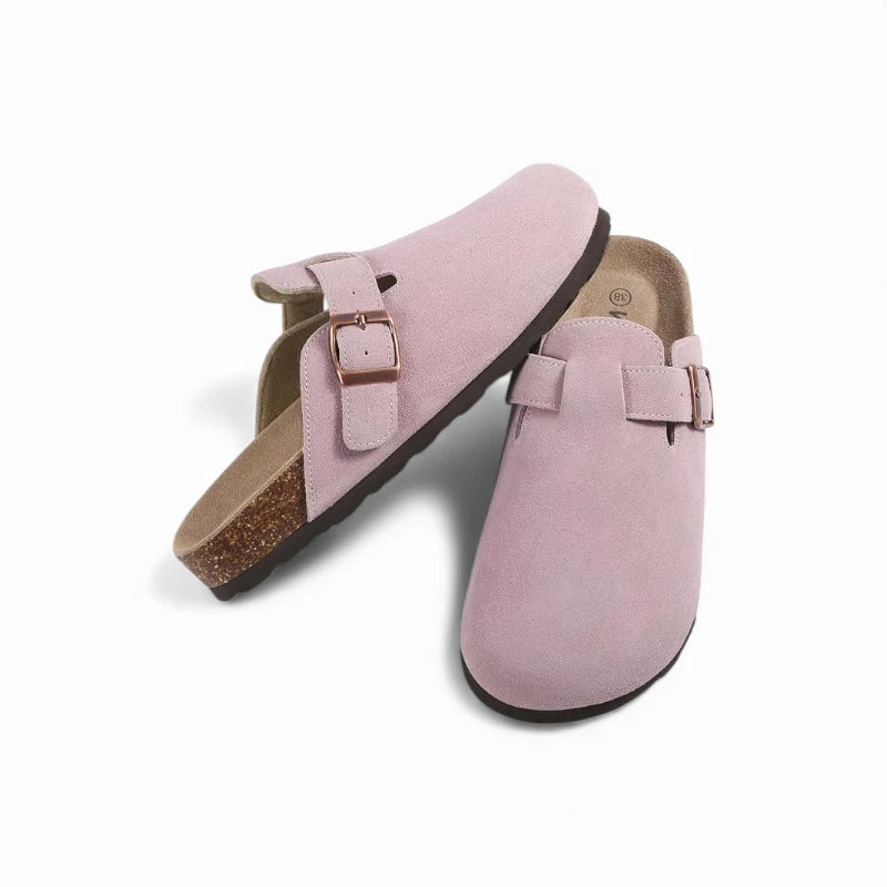 Ensemble sabots roses suède assise ergonomique fermoir carré rosé