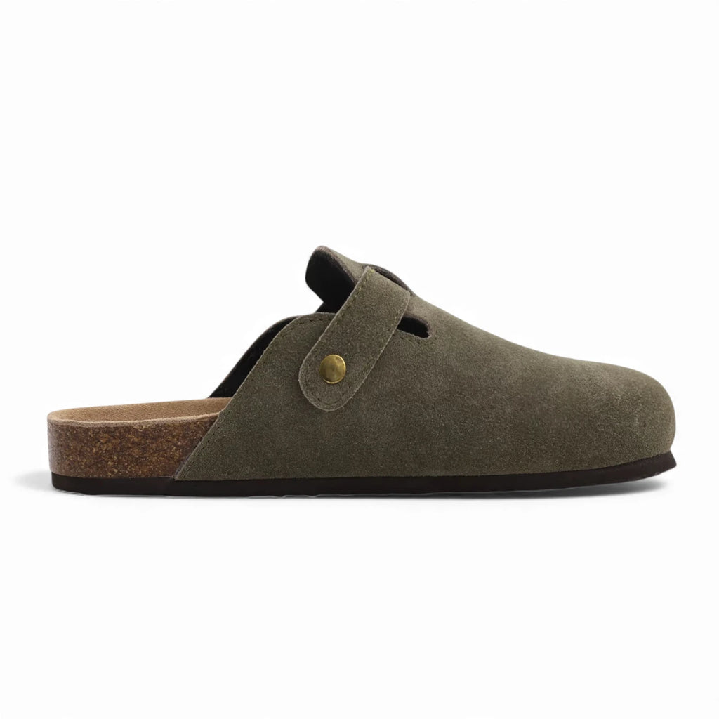 Mule homme verte daim vue latérale intérieure semelle liège ergonomique