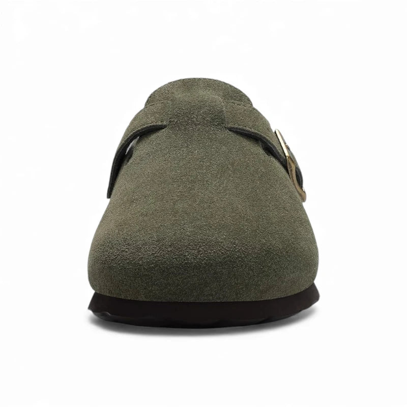 Sabot vert kaki daim vue de face boucle réglable bronze antique