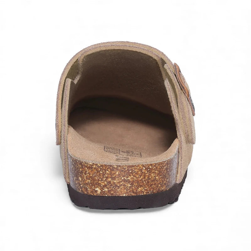 Sabot ouvert beige arrière semelle granulée liège plantaire cuir