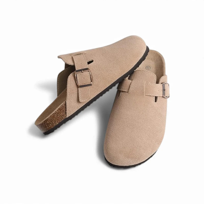 Duo mules beiges homme cuir assise liège naturel attache réglable