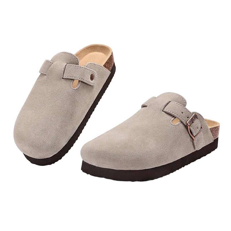 Sabots daim beige plateforme bois et clous - MULES ET COMPENSEES