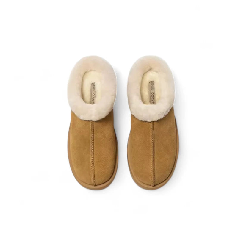 Sabots fourrés femme marron vus de dessus, intérieur en fausse fourrure blanche.