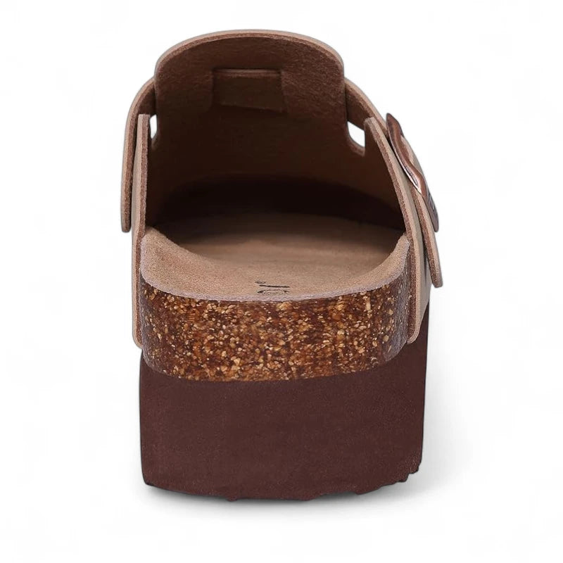 Vue arrière des Sabots Plateforme Femme Marron Clair montrant la semelle en liège et la plateforme marron.