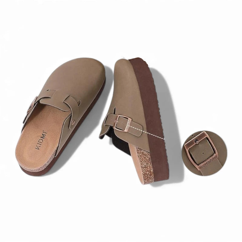 Sabots plateforme marron clair avec semelle compensée marron, vue aérienne trois angles différents sur fond blanc