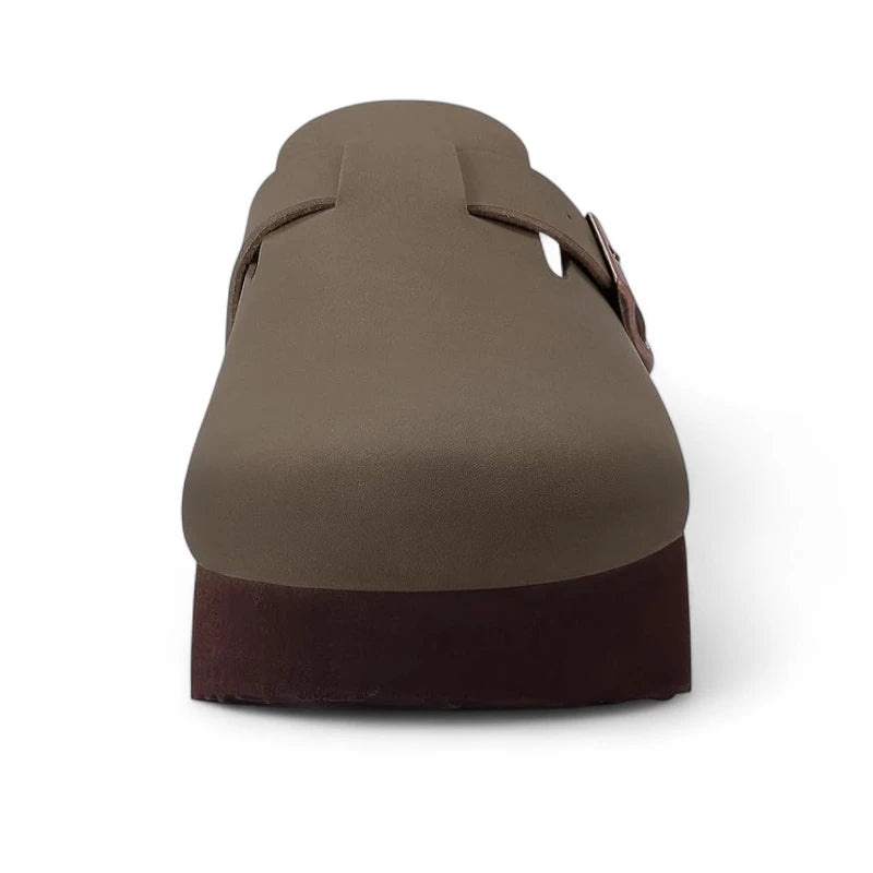 Vue avant des Sabots Plateforme Marron Femme à Semelle Marron en daim avec plateforme marron foncé