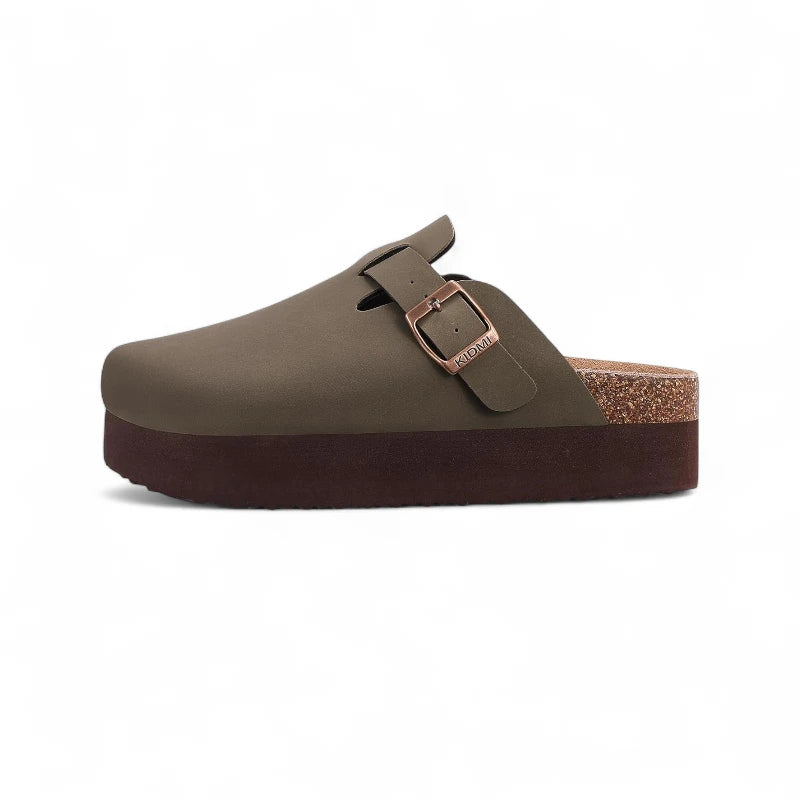 Vue arrière des Sabots Plateforme Marron Femme à Semelle Marron montrant la semelle compensée en liège