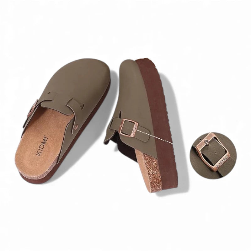 Sabots plateforme marron femme à semelle marron, trois perspectives avec zoom sur la boucle